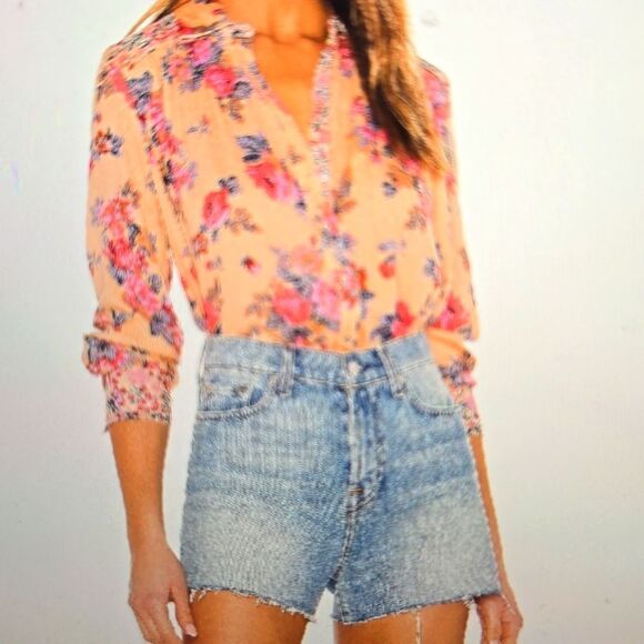 Free People Coral Hold On To Me Floral Printed Button Down Top Size M - Picture 2 of 11